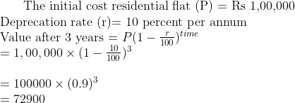 $ The initial cost residential flat (P) = Rs 1,00,000 $ \\ $Deprecation rate (r)= 10 percent per annum $ \\ $ Value after 3 years = $P(1-\frac{r}{100})^{time} \\ =1,00,000 \times (1-\frac{10}{100})^3 \\\\ = 100000 \times (0.9)^3 \\ = 72900