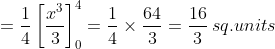 = \frac{1}{4}\left [ \frac{x^{3}}{3} \right ]^{4}_{0}= \frac{1}{4}\times \frac{64}{3}= \frac{16}{3}\, sq.units