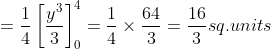 = \frac{1}{4}\left [ \frac{y^{3}}{3} \right ]^{4}_{0}= \frac{1}{4}\times \frac{64}{3}= \frac{16}{3}sq.units