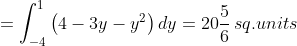 =\int_{-4}^{1}\left ( 4-3y-y^{2} \right )dy=20\frac{5}{6}\, sq.units