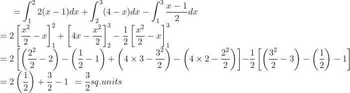 =\int_{1}^{2}2(x-1)dx+\int_{2}^{3}(4-x)dx-\int_{1}^{3}\frac{x-1}{2}dx \\ = 2 \left [ \frac{x^2}{2}-x \right ]_{1}^{2}+ \left [ 4x-\frac{x^2}{2} \right ]_{2}^{3}- \frac{1}{2}\left [ \frac{x^2}{2}-x \right ]_{1}^{3} \\ = 2 \left [ \left (\frac{2^2}{2}-2 \right )-\left ( \frac{1}{2}-1 \right )+\left ( 4 \times 3 - \frac{3^2}{2} \right )-\left ( 4\times 2 - \frac{2^2}{2} \right )\right ]-\frac{1}{2}\left [ \left ( \frac{3^2}{2} -3 \right )-\left ( \frac{1}{2} \right )-1 \right ] \\ = 2\left ( \frac{1}{2} \right )+\frac{3}{2}-1 \: \:= \frac{3}{2}sq.units