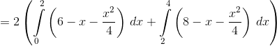 =2\left( {\int\limits_0^2 {\left( {6 - x - \frac{{{x^2}}}{4}} \right)\,dx + \int\limits_2^4 {\left( {8 - x - \frac{{{x^2}}}{4}} \right)\,dx} } } \right)$