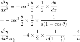 \\ \frac{d^2y}{dx^2}= -\csc^2 \frac{\theta}{2} \times \frac{1}{2} \times \frac{d\theta }{dx} \\\\ = -\csc^2 \frac{\theta}{2} \times \frac{1}{2} \times \frac{1}{a(1-\cos \theta )} \\\\ \frac{d^2y}{dx^2}_{at \frac{\pi}{3}}= -4 \times \frac{1}{2} \times \frac{1}{a(1-\frac{1}{2} )} = - \frac{4}{a}\\\\
