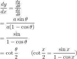 \\ \frac{dy}{dx}=\frac{\frac{dy}{d\theta}}{\frac{dx}{d\theta}} \\ \\= \frac{a\sin \theta}{a(1-\cos \theta)} \\\\ = \frac{\sin }{1-\cos \theta} \\\\ = \cot \frac{\theta}{2} \ \ \ \ \ \ \ (\cot \frac{x}{2}=\frac{\sin x}{1-\cos x})
