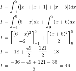 \\ I = \int_{-1}^{5}(|x|+|x+1|+|x-5|) d x \\\\ I =\int_{-1}^{0}(6-x) d x+\int_{0}^{5}(x+6) d x \\\\ I=\left[\frac{(6-x)^{2}}{-2}\right]_{-1}^{0}+\left[\frac{(x+6)^{2}}{2}\right]_{0}^{5} \\\\ I=-18 + \frac{49}{2}+\frac{121}{2} - 18 \\\\ I=\frac{-36+49+121-36}{2}=49