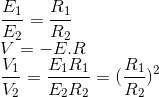 \\\frac{E_1}{E_2}=\frac{R_1}{R_2}\\V=-E.R\\\frac{V_1}{V_2}=\frac{E_1R_1}{E_2R_2}=(\frac{R_1}{R_2})^2