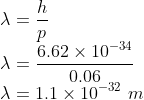 \\\lambda =\frac{h}{p}\\ \lambda =\frac{6.62\times 10^{-34}}{0.06}\\ \lambda =1.1\times 10^{-32}\ m