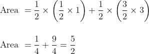 \\\text { Area }=\frac{1}{2} \times \left (\frac{1}{2} \times 1 \right )+\frac{1}{2} \times \left (\frac{3}{2} \times 3 \right )\\\\\\ \text { Area }=\frac{1}{4}+\frac{9}{4} =\frac{5}{2}