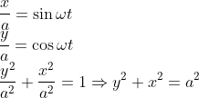 \\*\frac{x}{a} = \sin\omega t \\*\frac{y}{a} = \cos\omega t \\* \frac{y^2}{a^{2}} + \frac{x^2}{a^{2}} = 1\Rightarrow y^{2} + x^{2} = a^{2}