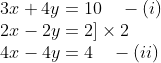 \\3x + 4y = 10\quad - (i)\\ 2x - 2y = 2]\times 2\\ 4x - 4y = 4\quad -(ii)