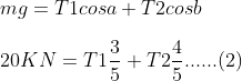 \\mg=T1cosa+T2cosb\\\\20KN=T1\frac{3}{5}+T2\frac{4}{5}......(2)