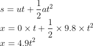 \s=ut+frac12at^2\ x=0	imes t+frac12	imes 9.8	imes t^2\ x=4.9t^2