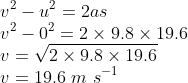 \v^2-u^2=2as\ v^2-0^2=2	imes 9.8	imes 19.6\ v=sqrt2	imes 9.8	imes 19.6\ v=19.6 m s^-1