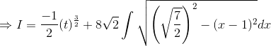 \Rightarrow I=\frac{-1}{2}(t)^\frac{3}{2}+8\sqrt{2}\int \sqrt{\left ( \sqrt{\frac{7}{2}} \right )^2-(x-1)^2}dx