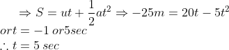 \Rightarrow S=ut +\frac{1}{2}at^{2}\Rightarrow -25m= 20 t-5t^{2}\\* or t= -1\: or 5 sec\\*\therefore t= 5\: sec