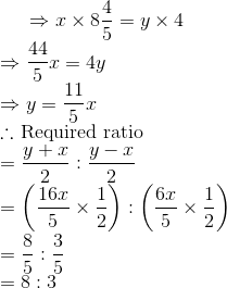 \Rightarrow x \times 8 \frac{4}{5}=y \times 4$\\ $\Rightarrow \frac{44}{5} x=4 y$\\ $\Rightarrow y=\frac{11}{5} x$\\ $\therefore$ Required ratio\\ $=\frac{y+x}{2}: \frac{y-x}{2}$\\ $=\left(\frac{16 x}{5} \times \frac{1}{2}\right):\left(\frac{6 x}{5} \times \frac{1}{2}\right)$\\ $=\frac{8}{5}: \frac{3}{5}$\\ $=8: 3$