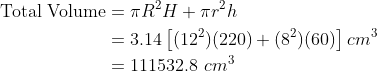 \begin{align*}\text{Total Volume}& = \pi R^2H + \pi r^2 h \\ & = 3.14\left[(12^2)(220) + (8^2)(60) \right ] cm^3 \\ & =111532.8 \ cm^3\end{align*}