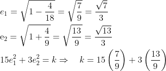 \begin{aligned} &e_{1}=\sqrt{1-\frac{4}{18}}=\sqrt{\frac{7}{9}}=\frac{\sqrt{7}}{3}\\ &\mathrm{e}_{2}=\sqrt{1+\frac{4}{9}}=\sqrt{\frac{13}{9}}=\frac{\sqrt{13}}{3}\\ &15 e_{1}^{2}+3 e_{2}^{2}=k \Rightarrow \quad k=15\left(\frac{7}{9}\right)+3\left(\frac{13}{9}\right) \end{aligned}