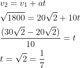 \begin{aligned} &v_{2}=v_{1}+a t\\ &\sqrt{1800}=20 \sqrt{2}+10 t\\ &\frac{(30 \sqrt{2}-20 \sqrt{2})}{10}=t\\ &t=\sqrt{2}=\frac{1}{7} \end{aligned}