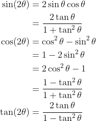 \begin{aligned} \sin (2 \theta) &=2 \sin \theta \cos \theta \\&=\frac{2\tan\theta}{1+\tan^2\theta} \\\cos (2 \theta) &=\cos ^{2} \theta-\sin ^{2} \theta \\ &=1-2 \sin ^{2} \theta \\ &=2 \cos ^{2} \theta-1\\&=\frac{1-\tan^2\theta}{1+\tan^2\theta} \\ \tan (2 \theta) &=\frac{2 \tan \theta}{1-\tan ^{2} \theta} \end{aligned}