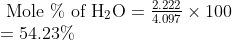 \begin{array}{l} \text { Mole } \% \text { of } \mathrm{H}_{2} \mathrm{O}=\frac{2.222}{4.097} \times 100 \\ =54.23 \% \end{array}