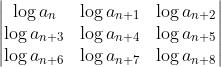 \begin{vmatrix} \log a_{n} &\log a_{n+1} &\log a_{n+2} \\ \log a_{n+3}&\log a_{n+4} &\log a_{n+5} \\ \log a_{n+6} &\log a_{n+7} &\log a_{n+8} \end{vmatrix}