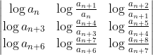 \begin{vmatrix} \log a_{n} &\log\frac{a_{n+1}}{a_n} &\log\frac{a_{n+2}}{a_{n+1}} \\ \log a_{n+3}&\log\frac{a_{n+4}}{a_{n+3}} & \log\frac{a_{n+5}}{a_{n+4}} \\ \log a_{n+6} &\log\frac{a_{n+7}}{a_{n+6}} &\log\frac{a_{n+8}}{a_{n+7}} \end{vmatrix}