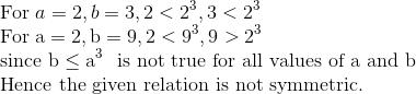 \\$For $a=2, b=3,2<2^{3}, 3<2^{3}$ \\ For $\mathrm{a}=2, \mathrm{b}=9,2<9^{3}, 9>2^{3}$ \\ since $\mathrm{b} \leq \mathrm{a}^{3}$ \ is not true for all values of a and $\mathrm{b}$ \\ \text{Hence the given relation is not symmetric.}