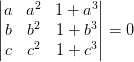 \begin{vmatrix} a & a^{2} & 1+a^{3}\\ b&b^{2} & 1+b^{3}\\ c &c^{2} & 1+c^{3} \end{vmatrix}=0