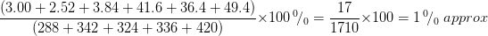 \frac{(3.00 + 2.52 + 3.84 + 41.6 + 36.4 + 49.4 )}{(288 + 342 + 324 + 336 + 420 )}\times 100\, ^{0}\! /_{0}=\frac{17}{1710}\times 100=1\, ^{0}\! /_{0}\; approx
