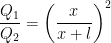 \dpi{100} \frac{Q_{1}}{Q_{2}}=\left ( \frac{x}{x+l} \right )^{2}