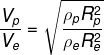 \frac{V_{p}}{V_{e}}=\sqrt{\frac{\rho_{p}R_{p}^{2}}{\rho_{e}R_{e}^{2}}}