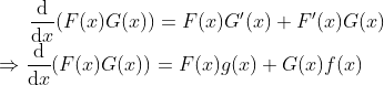 \frac{\mathrm{d} }{\mathrm{d} x}(F(x)G(x)) = F(x)G'(x) + F'(x)G(x) \\* \Rightarrow \frac{\mathrm{d} }{\mathrm{d} x}(F(x)G(x)) = F(x)g(x) + G(x)f(x)
