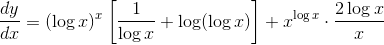 \frac{d y}{d x}=(\log x)^{x}\left[\frac{1}{\log x}+\log (\log x)\right]+x^{\log x} \cdot \frac{2 \log x}{x}