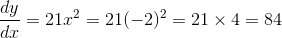 \frac{dy}{dx} = 21x^2 = 21(-2)^{2} = 21 \times4 = 84