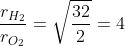 \frac{r_{H_{2}}}{r_{O_{2}}}=\sqrt{\frac{32}{2}}=4