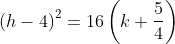 \left ( h-4 \right )^2=16\left ( k+\frac{5}{4} \right )