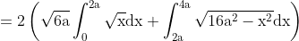 \mathrm {= 2 \left(\sqrt{6a}\int_0^{2a}\sqrt{x}dx + \int _{2a}^{4a}\sqrt{16a^2 - x^2}dx\right )}