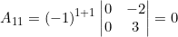 \small A_{11} = (-1)^{1+1} \begin{vmatrix} 0 &-2 \\ 0& 3 \end{vmatrix} = 0