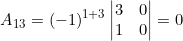\small A_{13} = (-1)^{1+3} \begin{vmatrix} 3 &0 \\ 1& 0 \end{vmatrix} = 0