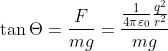 \tan \Theta = \frac{f}{mg}= \frac{\frac{1}{4\pi \varepsilon _{0}}\frac{q^{2}}{r^{2}}}{mg}