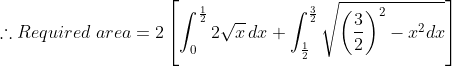 \therefore Required\; area= 2\left [ \int_{0}^{\frac{1}{2}} 2\sqrt{x}\, dx +\int_{\frac{1}{2}}^{\frac{3}{2}}\sqrt{\left ( \frac{3}{2} \right )^{2}-x^{2}dx}\right ]