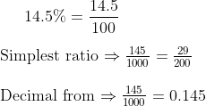 14.5 \% = \frac{14.5}{100} \\\\ $ Simplest ratio $ \Rightarrow \frac{145}{1000} = \frac{29}{200}\\\\ $ Decimal from $ \Rightarrow \frac{145}{1000} = 0.145\\
