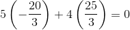 5\left ( -\frac{20}{3} \right )+4\left ( \frac{25}{3} \right )=0
