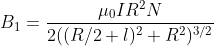 B_{1}= \frac{\mu _0 IR^2N}{2 ( (R/2+l)^2 + R^2 )^{3/2}}