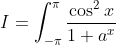 I= \int_{-\pi}^{\pi}\frac{\cos^2x}{1+a^x}