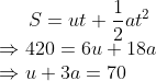 S=ut+\frac{1}{2}at^2\\\Rightarrow 420=6u+18a\\\Rightarrow u+3a=70