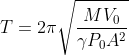 T = 2 \pi \sqrt{\frac{MV_0}{\gamma P_0A^2 }}