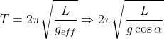 T = 2\pi\sqrt{\frac{L}{g_{eff}}} \Rightarrow 2\pi\sqrt{\frac{L}{g\cos \alpha}}