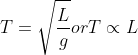 T =\sqrt{\frac{ L}{g}} or T \propto L